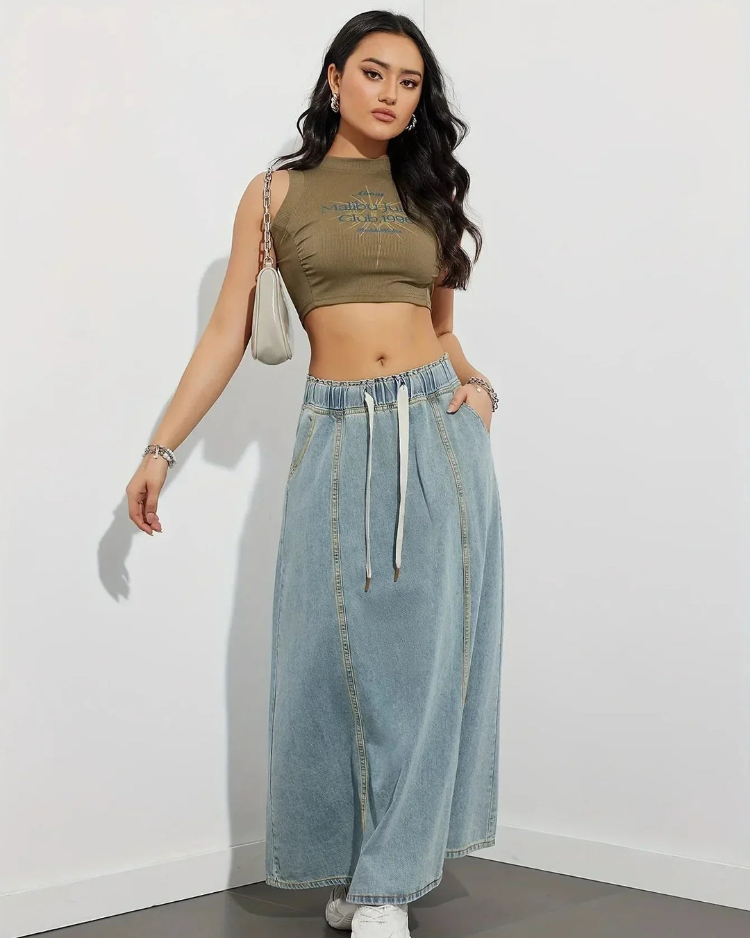 Maxi Skirt for Women with Elastic Waist, Drawstring, and Side Pockets – Denim Blend