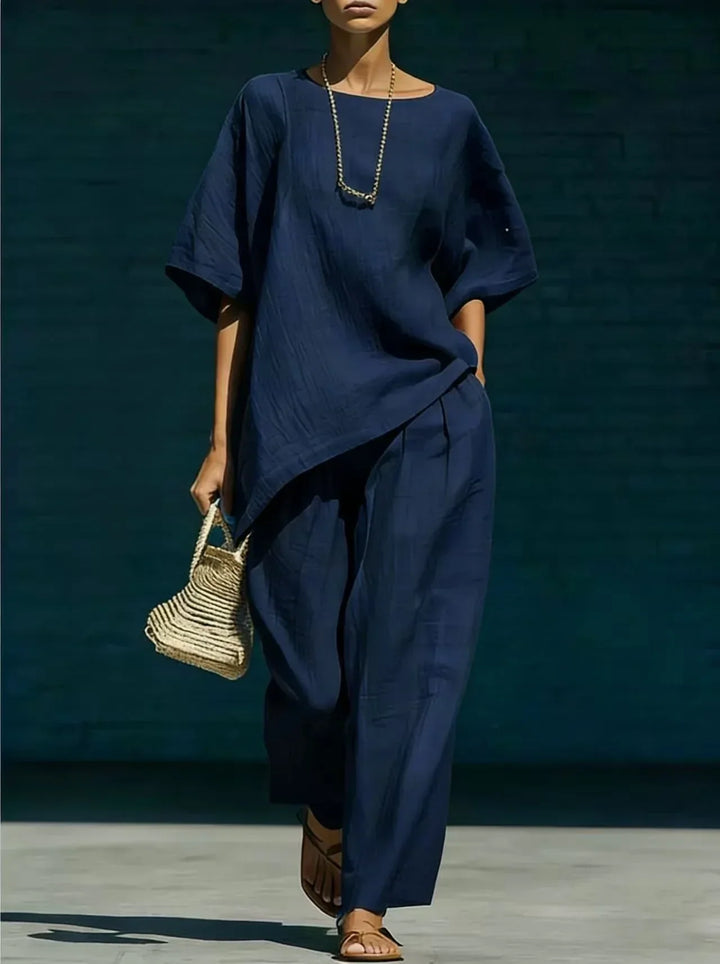 Ladies Linen Mix Set Asymmetric Top with Wide Leg Pants - Elena Harper