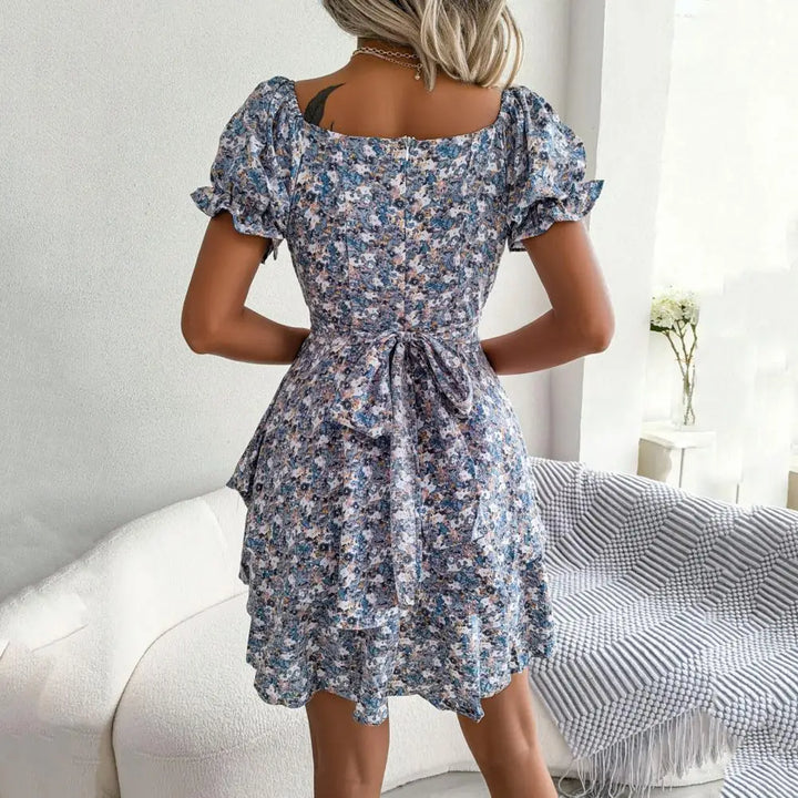 Flower Dress with Square Neckline and Puff Sleeves, view 6 - Elena Harper
