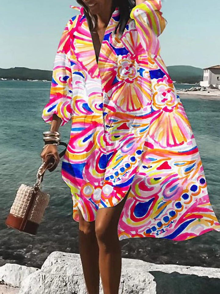 Rosario | Midi shirt dress with floral print and long sleeves