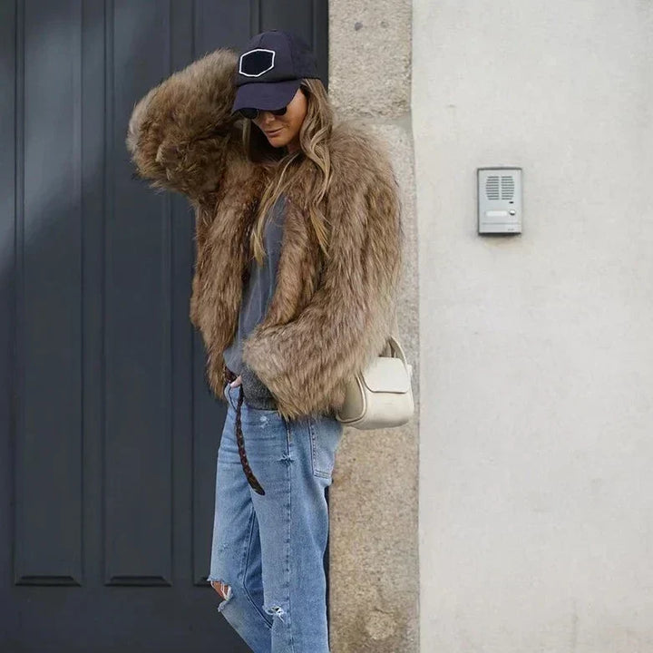 Elegant Luxurious Brown Fur Women's Jacket Stylish, Versatile, Comfortable - Elena Harper