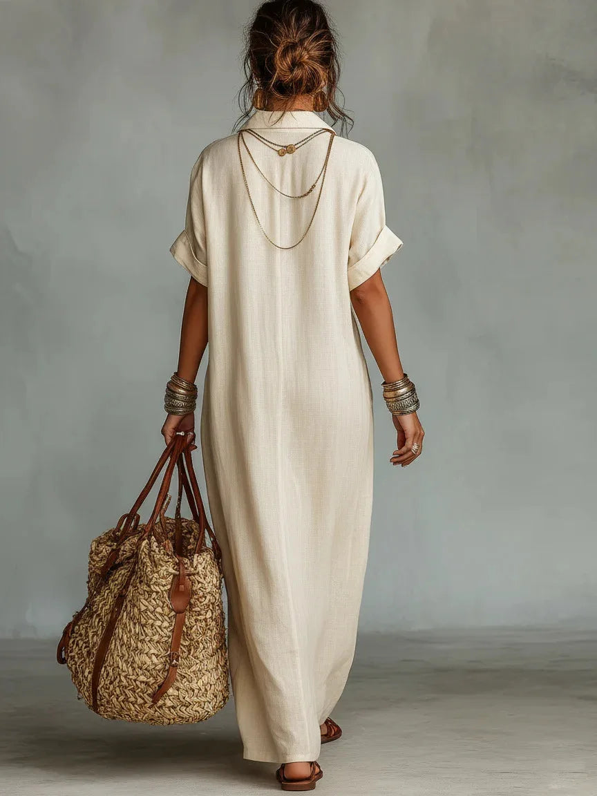 Embroidered women's kaftan dress with V-neck and loose fit