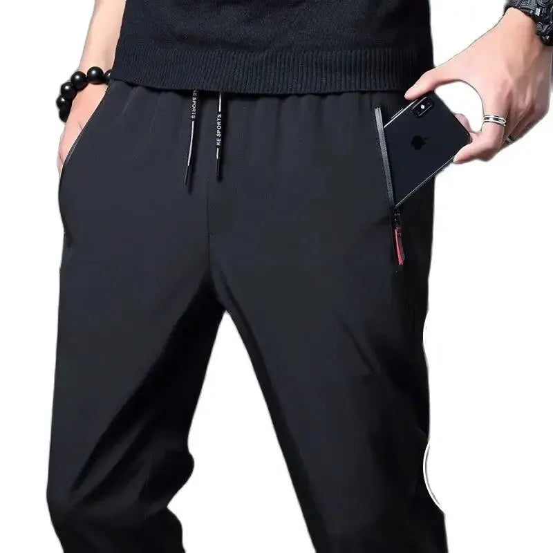 Men's Casual Pants with Elastic Waist and Zipper Pockets