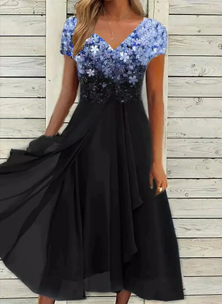 Yvonne | Women's Flowing Floral Form Dress with Short Sleeves