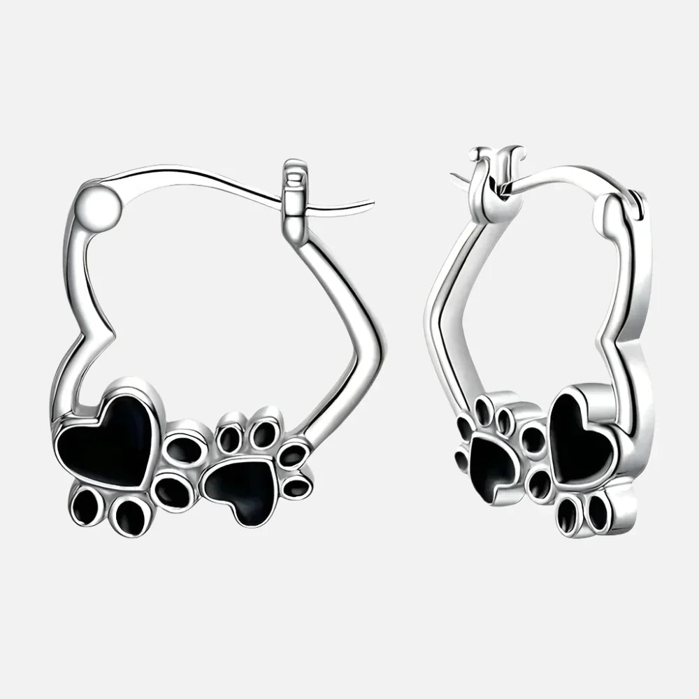 Heart Paw Huggie Earrings with Black Enamel