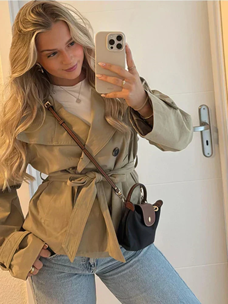 Ladies Double-Breasted Trench Coat with Belt and Stand-Up Collar
