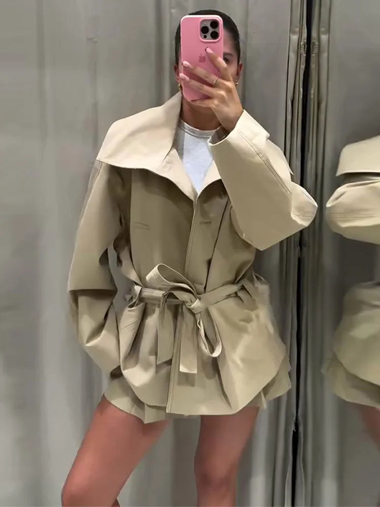 Ladies Double-Breasted Trench Coat with Belt and Stand-Up Collar