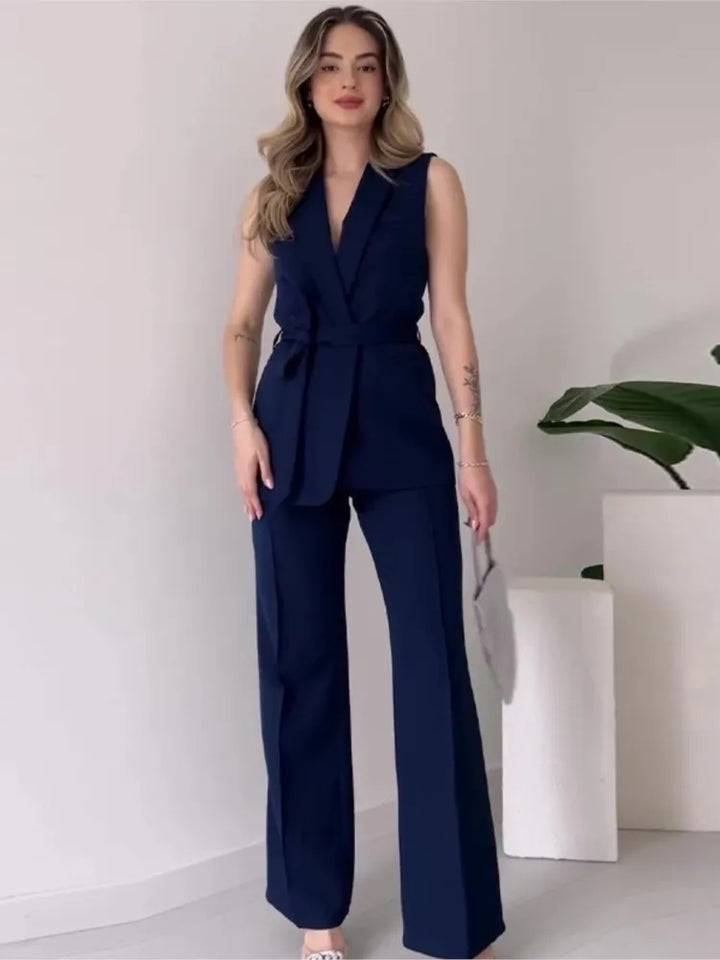 Sleeveless Blazer Suit Tailored Fit Wrap V-Neck Wide Pants Avérine, view 3 - Elena Harper