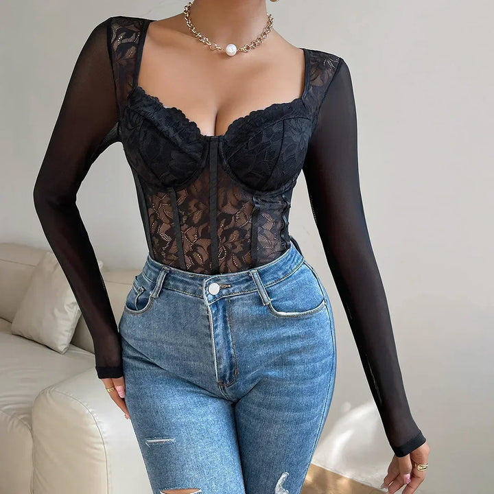 Livia – Seductive Lace and Mesh Bodysuit with Long Sleeves