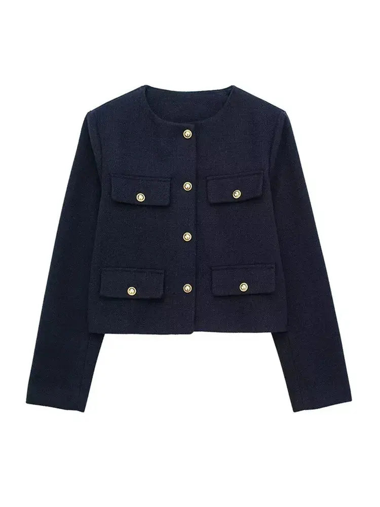Women's Elegant Textured Cropped Button-Up Jacket