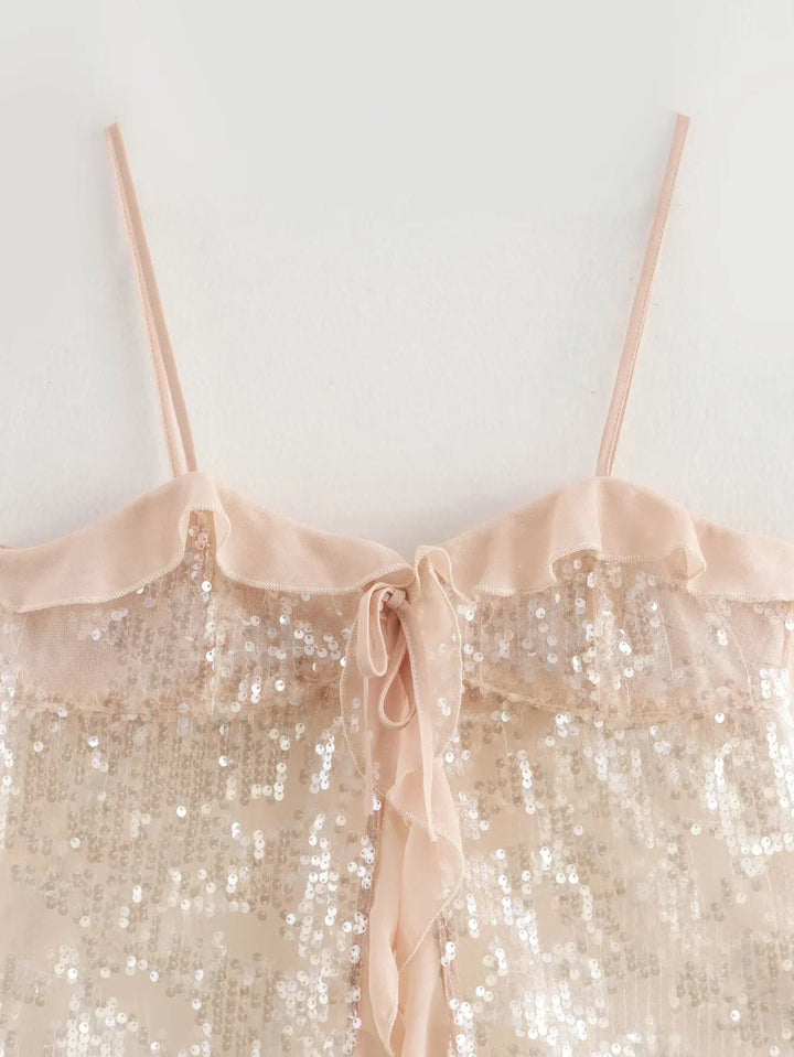 Festive Sequin Women's Top with Bow Closure and Ruffles, view 3 - Elena Harper