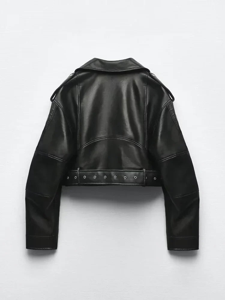 Belted Biker Jacket for Women Montarello Leather Look