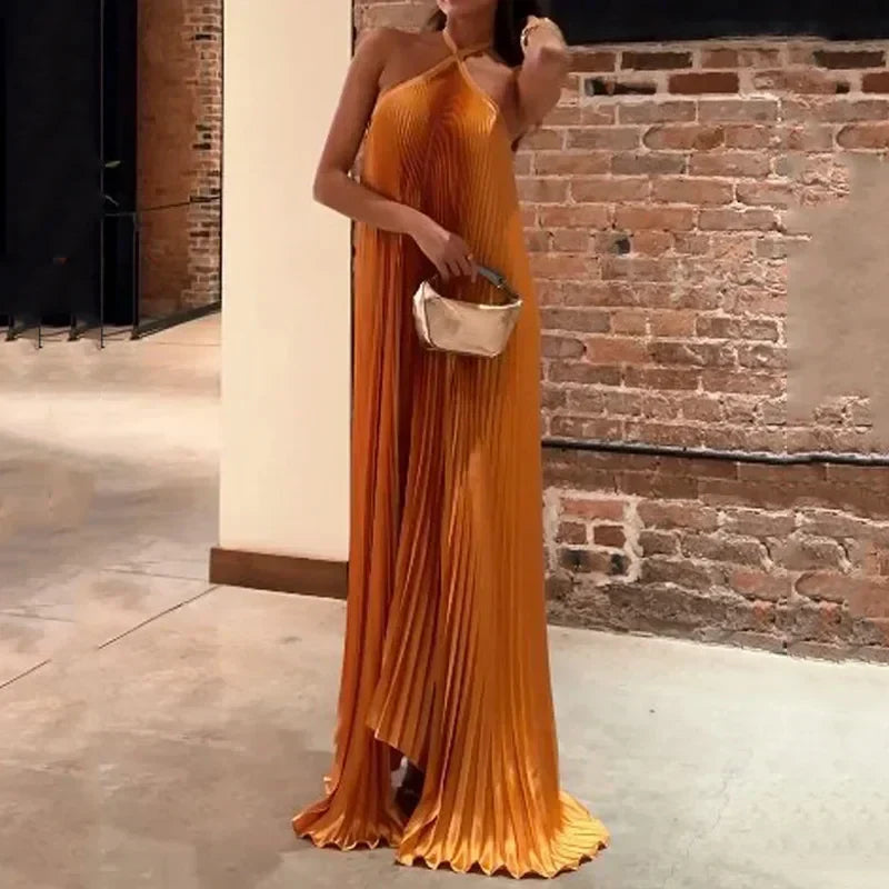 Mira Chic Pleated Halter Neck Maxi Dress - Elena Harper