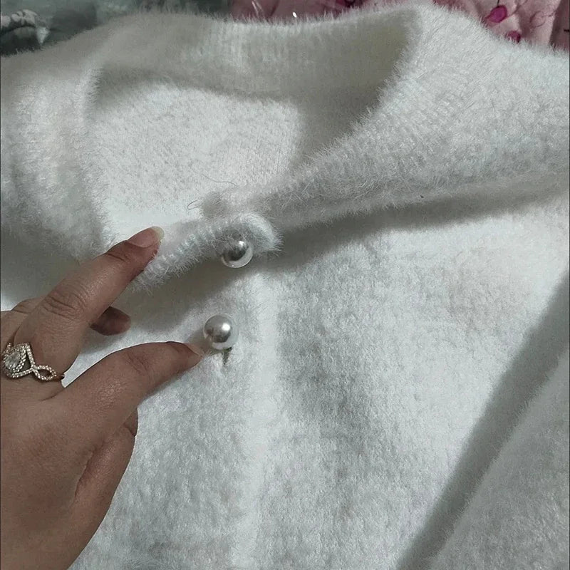 Aurore - Velvet Knit Cardigan with Pearl Buttons for Women