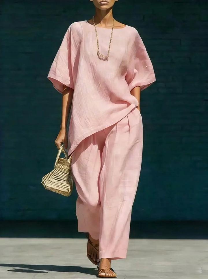 Ladies Linen Mix Set Asymmetric Top with Wide Leg Pants, view 7 - Elena Harper