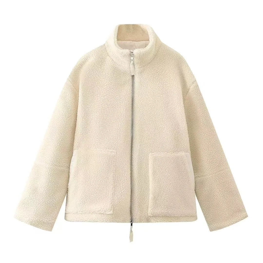 Front-closure Plush Coat for Women with Wide Lapel - Aino