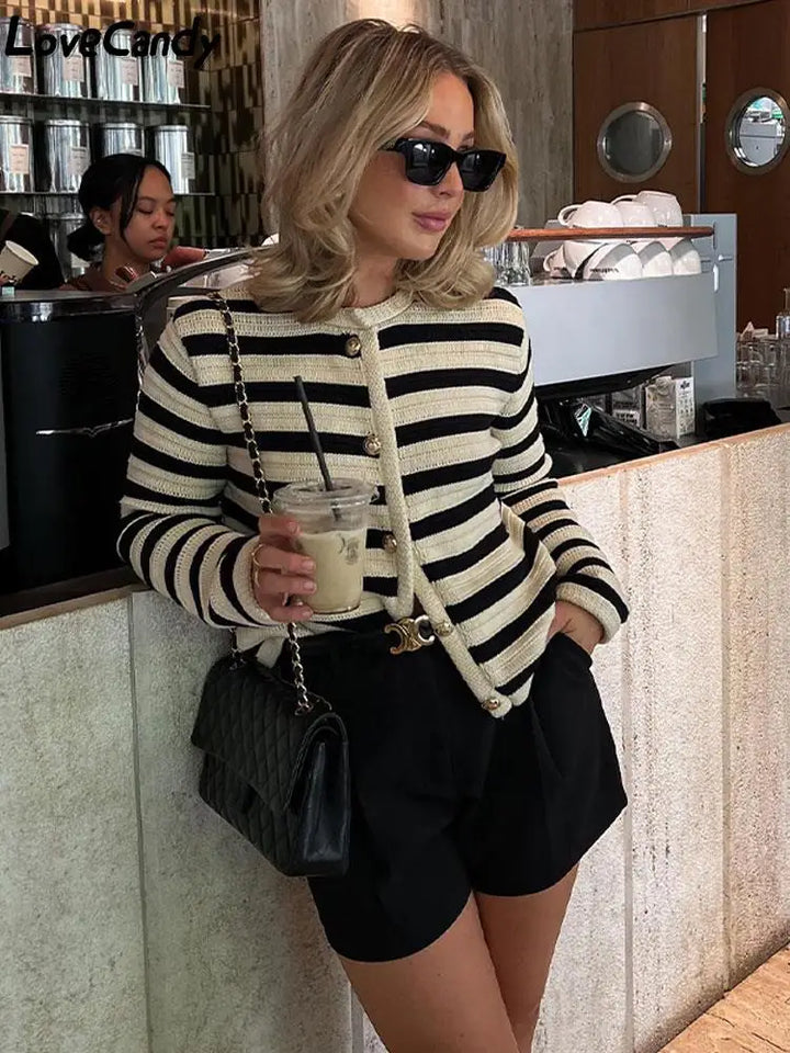 Colorblock Striped Cardigan for Women Casual Buttoned Knitwear, view 2 - Elena Harper