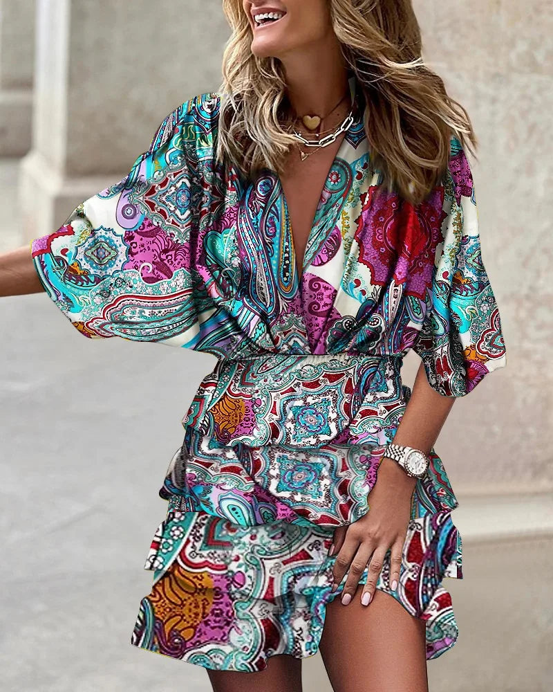 Ava | Women’s Boho Printed Ruffle Mini Dress