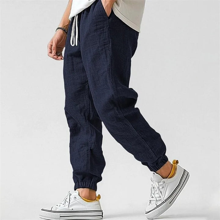 Ladies Linen Blend Jogging Pants with Drawstring and Cuffs, view 3 - Elena Harper
