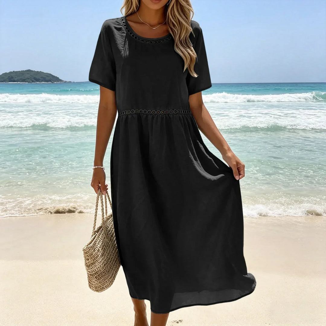 Long Women's Dress in Mixed Cotton with Cut-Out Details