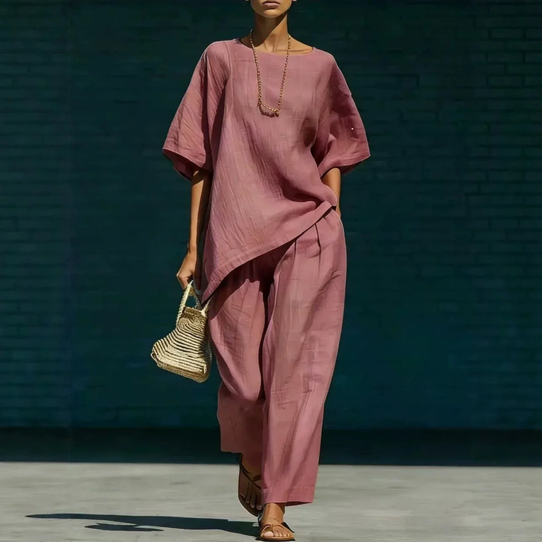 Ladies Linen Mix Set Asymmetric Top with Wide Leg Pants, view 2 - Elena Harper