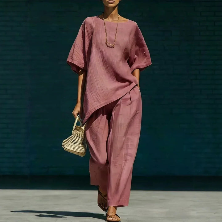 Ladies Linen Mix Set Asymmetric Top with Wide Leg Pants, view 2 - Elena Harper