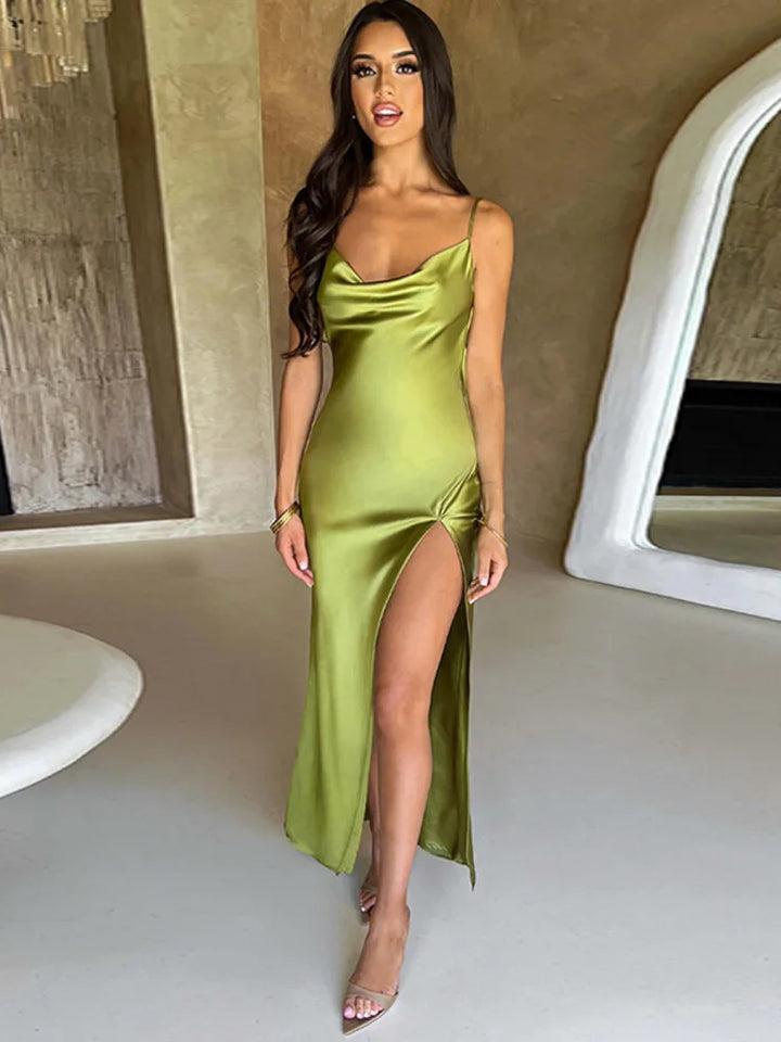 Long satin backless dress with thin straps | Ideal for spring and summer