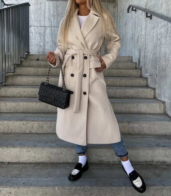 Ladies Long Lapel Coat – Solid, Casual for Autumn and Winter
