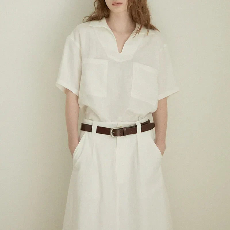 Airy & Timeless Short-Sleeve Linen Blouse for Women V-Neck Milena, view 6 - Elena Harper