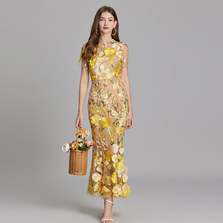 Verena | Women's Sheer Maxi Dress with Floral Embroidery