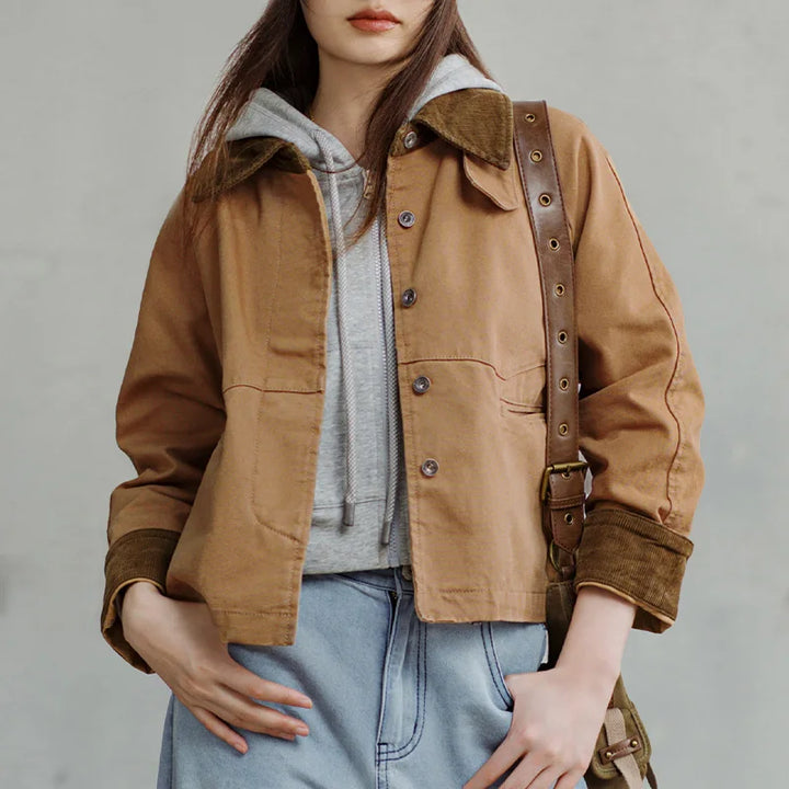 Montarello Women's Work Jacket with Corduroy Collar and Utility Pockets