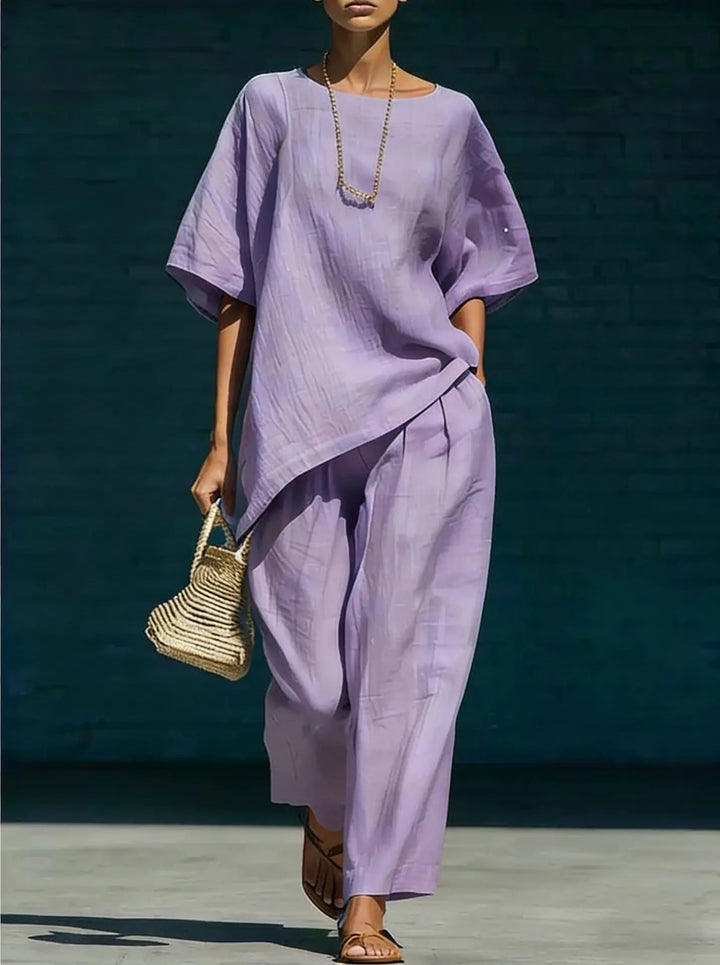Ladies Linen Mix Set Asymmetric Top with Wide Leg Pants, view 5 - Elena Harper