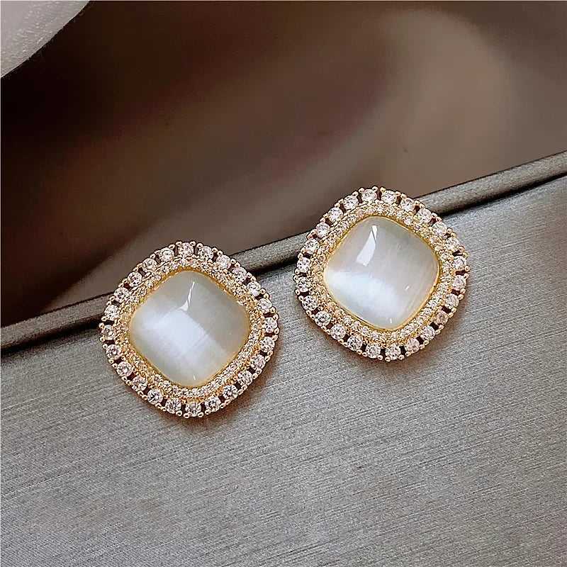 Chic Square Opal and CZ Crystal Stud Earrings