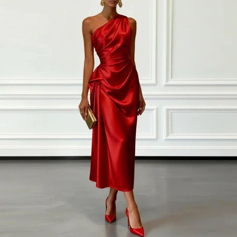 Women's Elegant One-Shoulder Draped Ruched Midi Dress