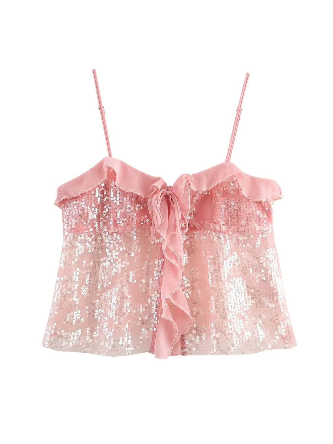 Festive Sequin Women's Top with Bow Closure and Ruffles, view 6 - Elena Harper