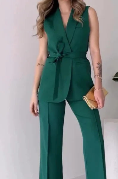 Sleeveless Blazer Suit Tailored Fit Wrap V-Neck Wide Pants Avérine, view 10 - Elena Harper