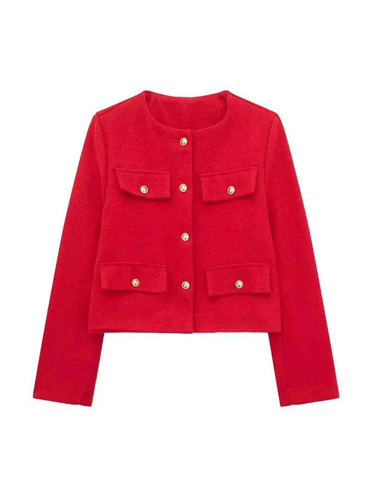Women's Elegant Textured Cropped Button-Up Jacket
