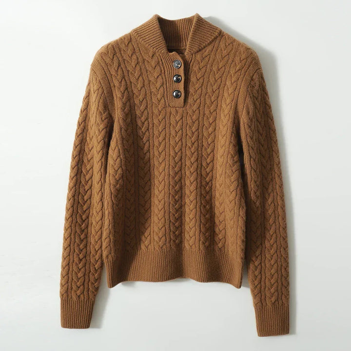 Cable Knit Sweater for Women with Button Closure at Neck Regular Fit