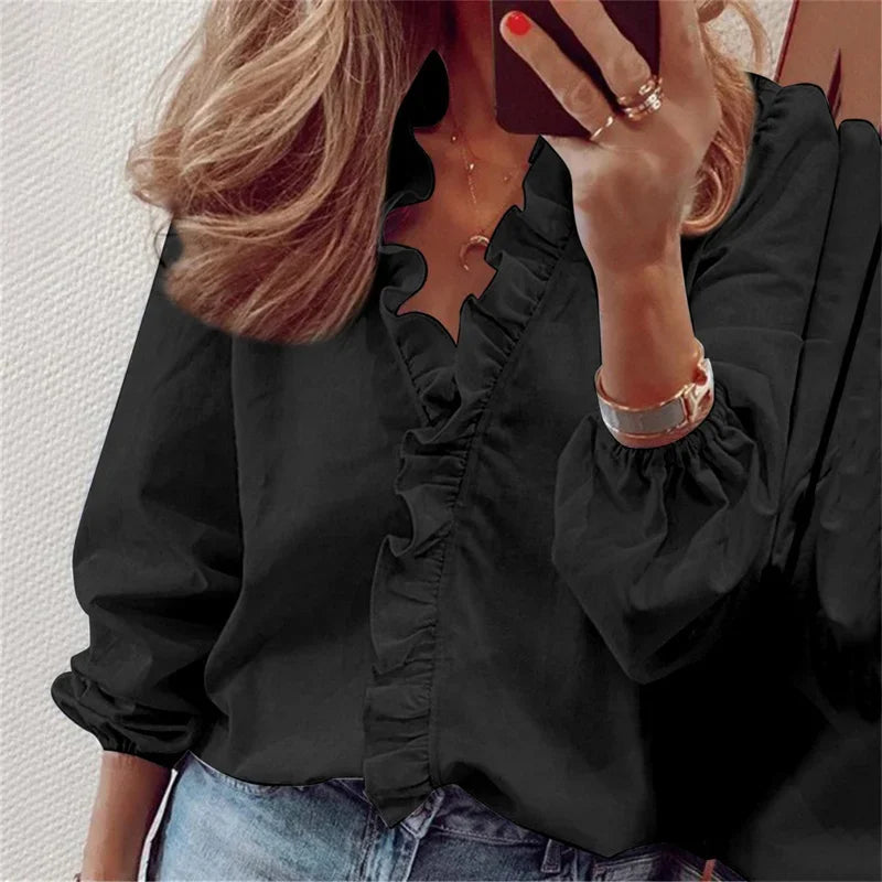 Katharina | Women's Elegant Wrap Blouse with Ruffle Trim