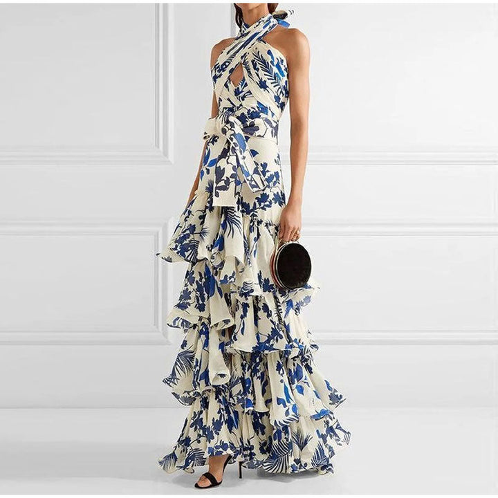 Maxi floral halter dress with ruffles in blue and white - Yery