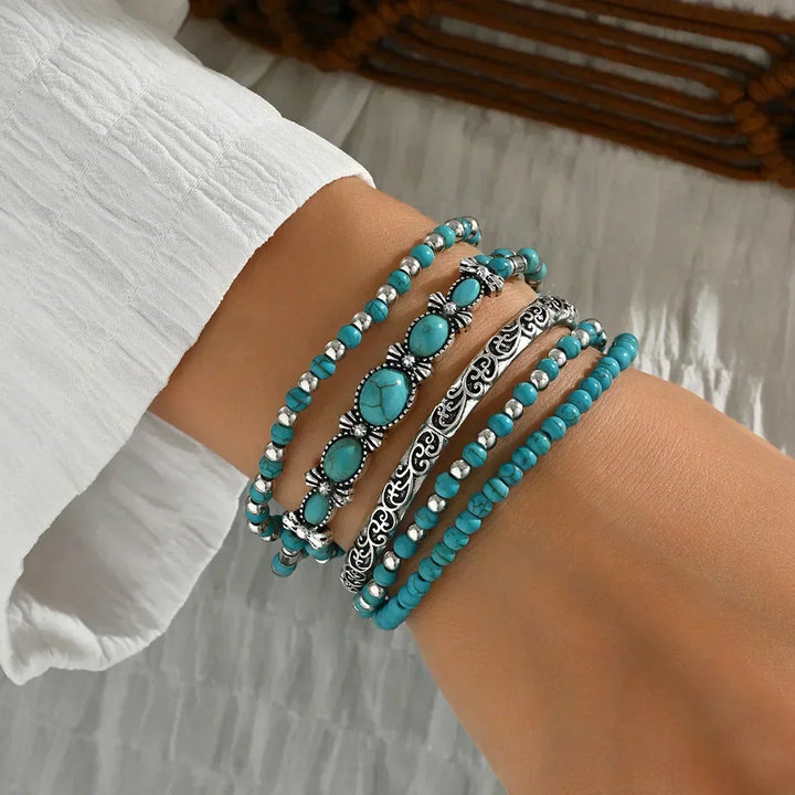Bohemian Turquoise Beaded Bracelet Set - Elena Harper