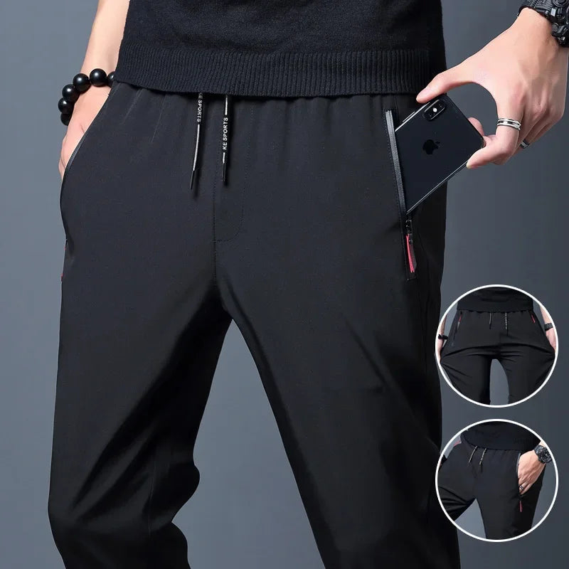 Men's Casual Pants with Elastic Waist and Zipper Pockets