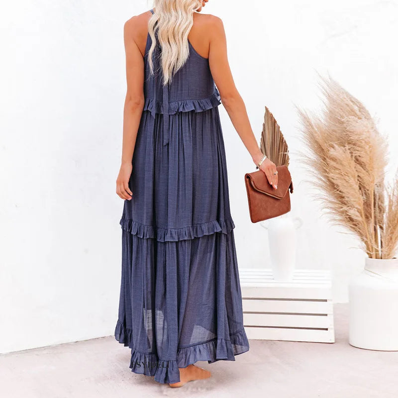 Delilah Elegant Halter Neck Ruffle Trim Dress - Elena Harper