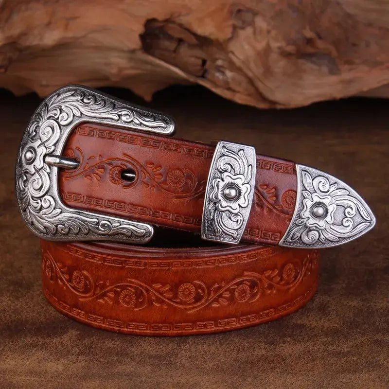 Men's Leather Western Style Belt Engraved Buckle, Classic Cowboy Style, view 2 - Elena Harper