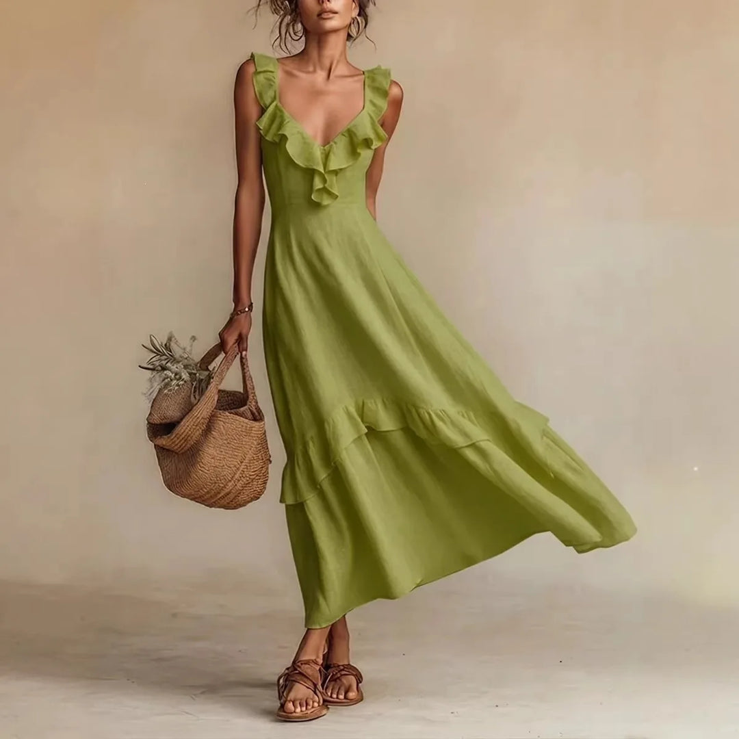 Women's Ruffle Trim A-Line Maxi Dress