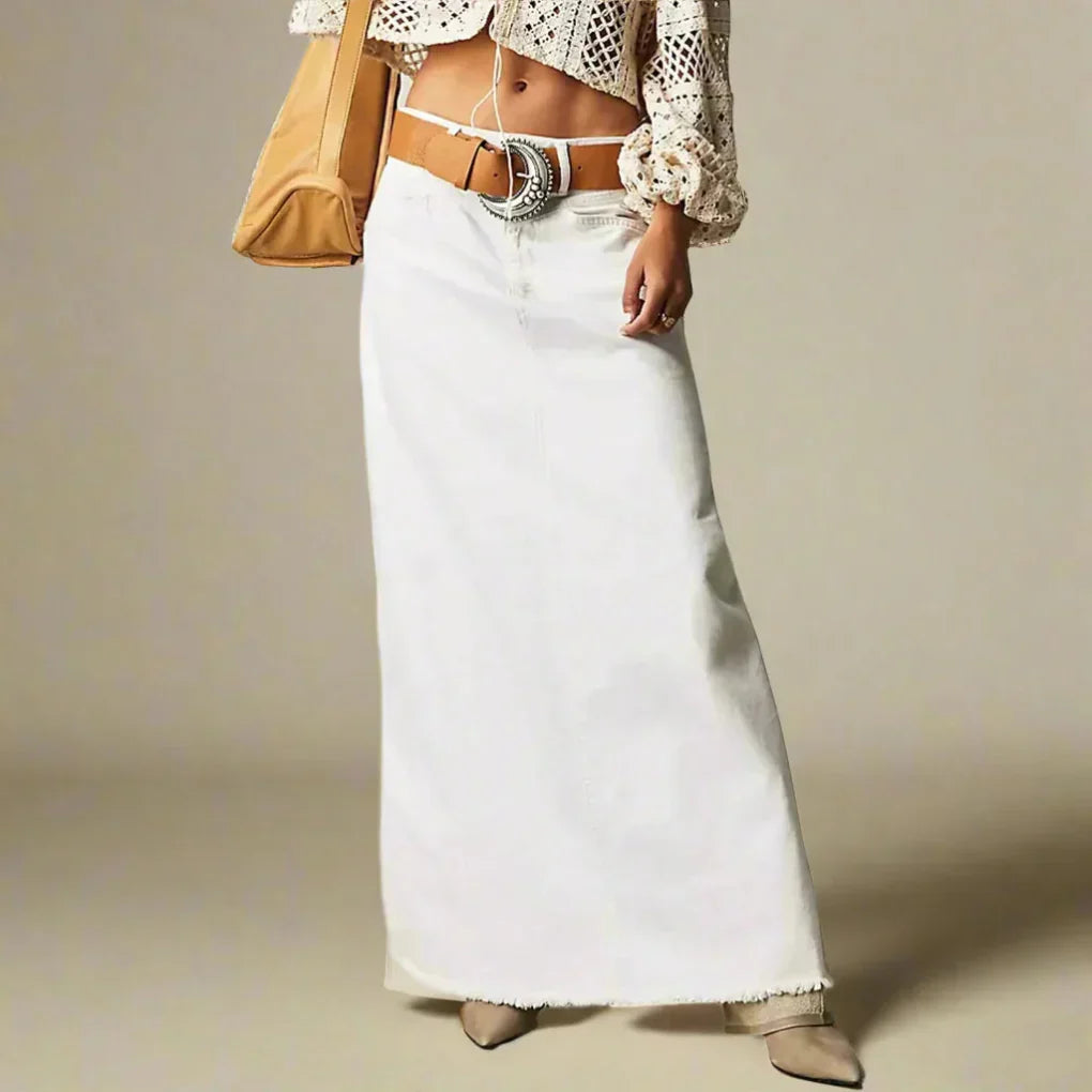 High Waist Straight Fit Denim Skirt, view 2 - Elena Harper