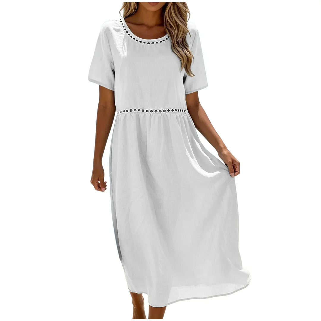 Long Women's Dress in Mixed Cotton with Cut-Out Details