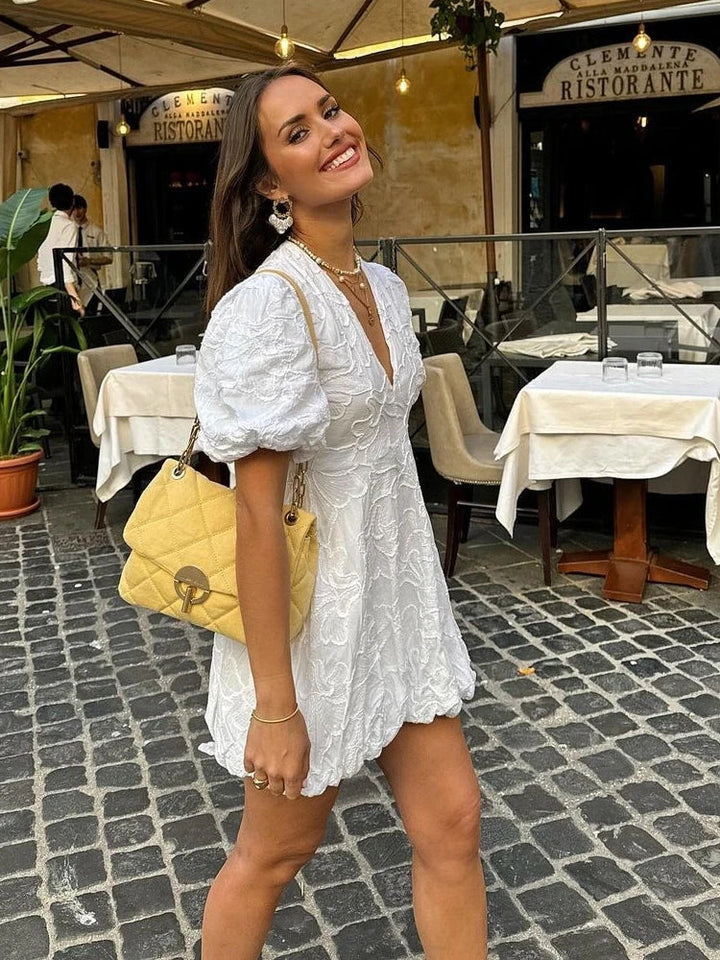 Summer Dress with V-Neck and Puff Sleeves for Women