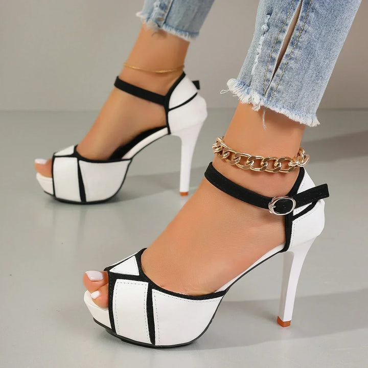 Ladies' Heeled Leather Pumps with Ankle Strap and Orthopedic Insole
