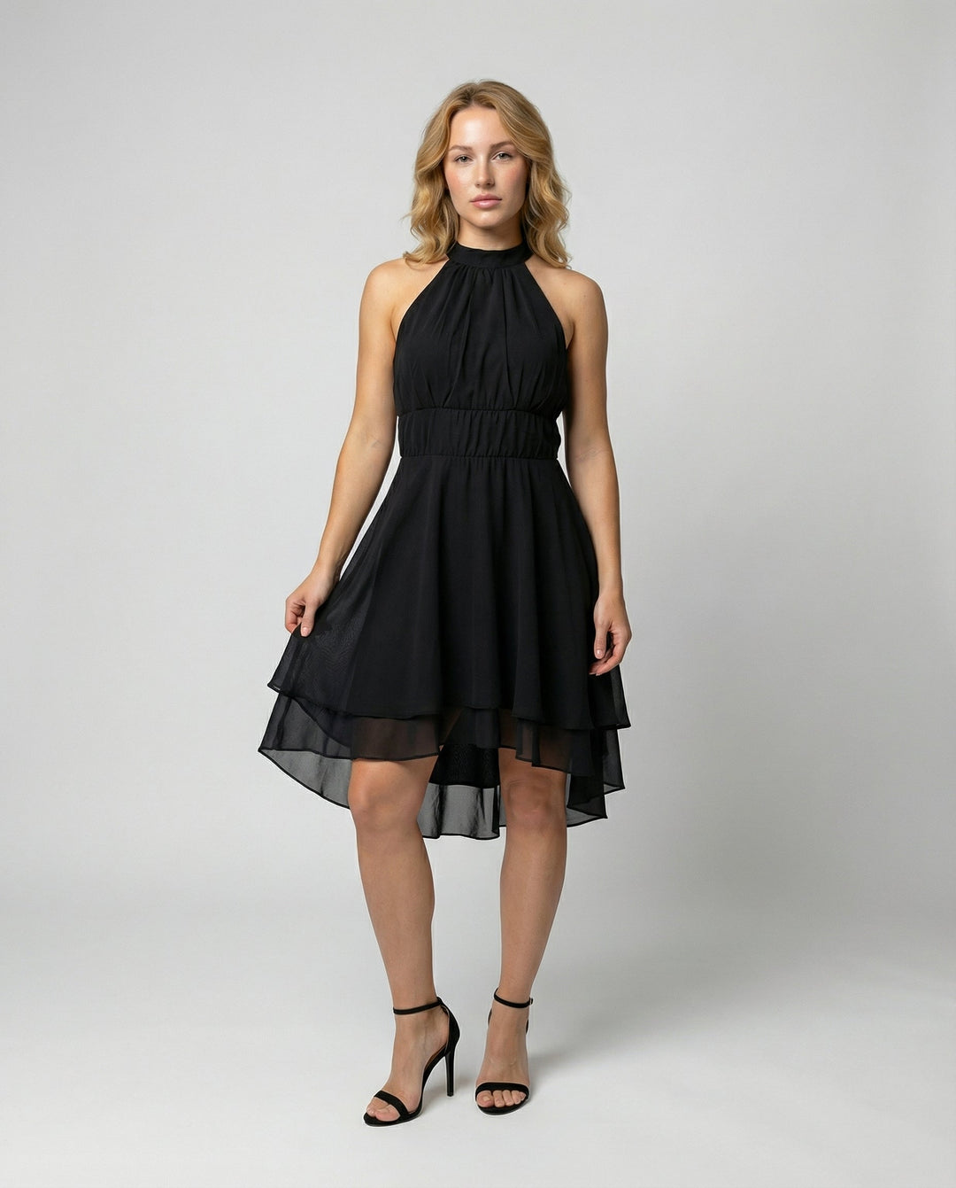 Delmara | Women's Mini Dress with Halter Neck and Layered Skirt | Flared